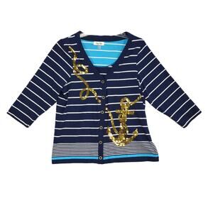 Onque Petite Women's L Navy Striped Gold Sequin Anchor V-Neck Cardigan Nautical